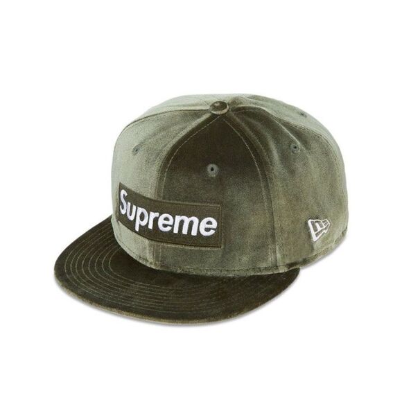 Supreme x New Era 22AW Velour Box Logo Baseball Cap Olive Size 7 3/8 - Picture 3 of 3